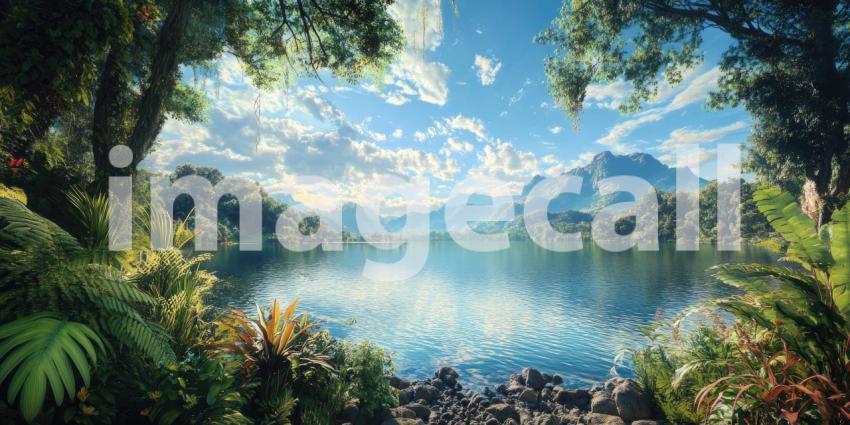 Serene Mountain Lake with Waterfall, Lush Green Forest, and Snow-Capped Peaks, Peaceful Nature Scene