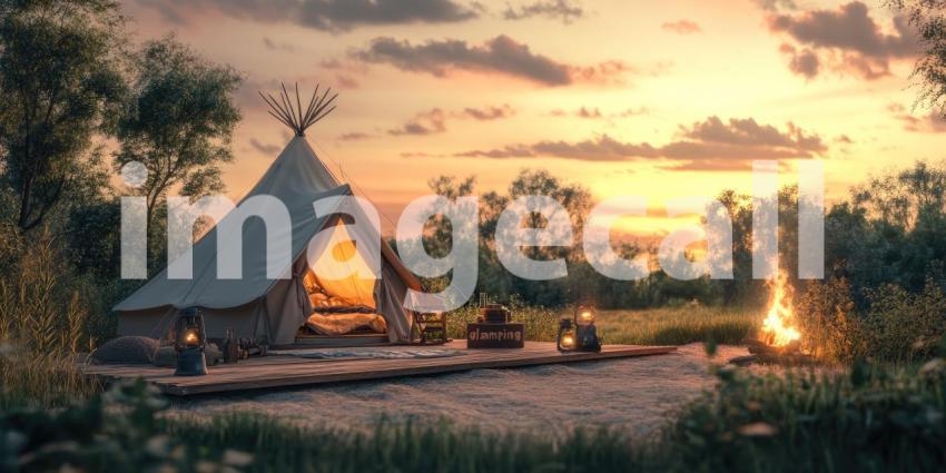 Glamping Bell Tent at Sunrise with Outdoor Seating, Fire Pit, and Scenic Nature View