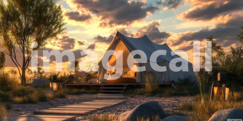 Glamping Bell Tent at Sunrise with Outdoor Seating, Fire Pit, and Scenic Nature View