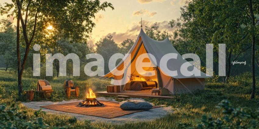 Glamping Bell Tent at Sunrise with Outdoor Seating, Fire Pit, and Scenic Nature View