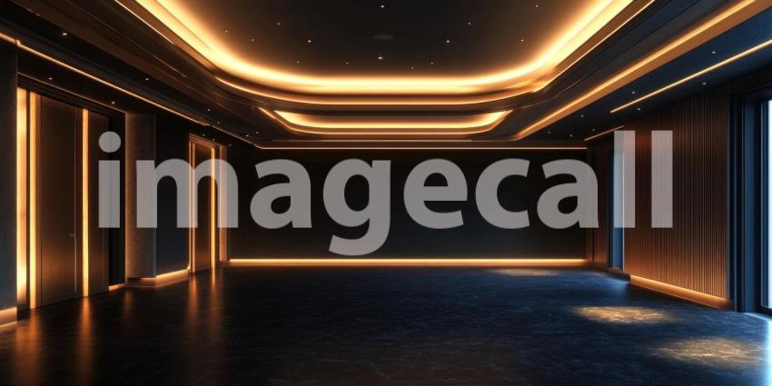 Modern Empty Room with Ambient Lighting, Dark Walls, and Recessed Ceiling Lights