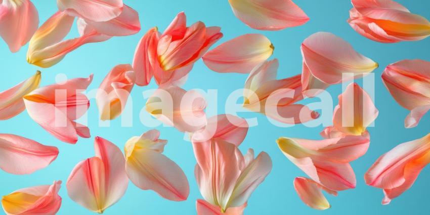 Scattered Tulip Petals in Shades of Red, Orange, and Cream on a White Background, Flat Lay Floral Arrangement