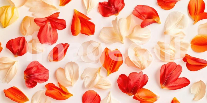 Scattered Tulip Petals in Shades of Red, Orange, and Cream on a White Background, Flat Lay Floral Arrangement