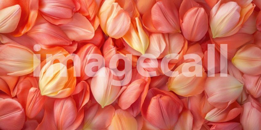 Scattered Tulip Petals in Shades of Red, Orange, and Cream on a White Background, Flat Lay Floral Arrangement