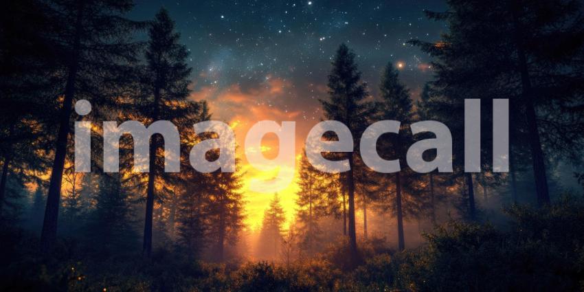 Forest at Night with Glowing Sky, Stars, and Silhouetted Trees, Mystical Nature Scene