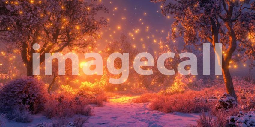 Forest at Night with Glowing Sky, Stars, and Silhouetted Trees, Mystical Nature Scene