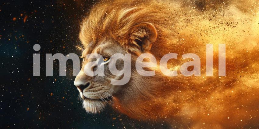 Lion Head with Golden Mane Blending into Sparks and Stardust, Powerful and Majestic Animal Portrait