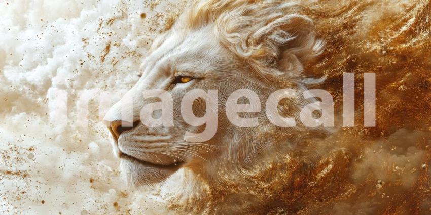 Lion Head with Golden Mane Blending into Sparks and Stardust, Powerful and Majestic Animal Portrait