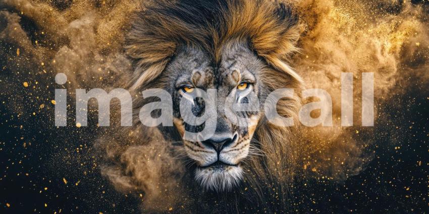 Lion Head with Golden Mane Blending into Sparks and Stardust, Powerful and Majestic Animal Portrait