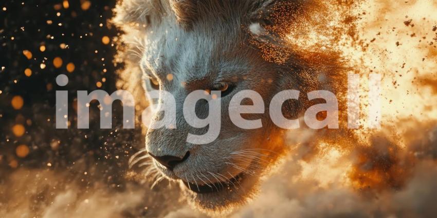 Lion Head with Golden Mane Blending into Sparks and Stardust, Powerful and Majestic Animal Portrait