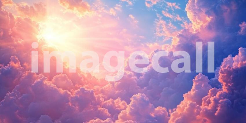Sun Shining Through Pink and Blue Clouds, Heavenly Sky Background