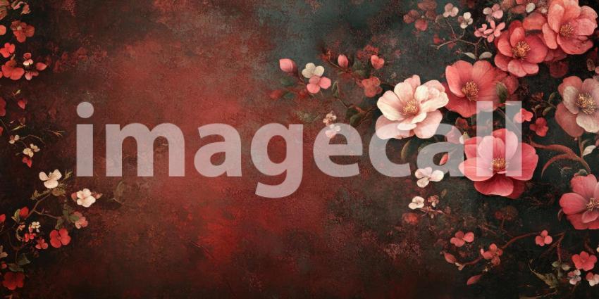 Vintage Floral Painting with Red Flowers, Soft Light, and Textured Background