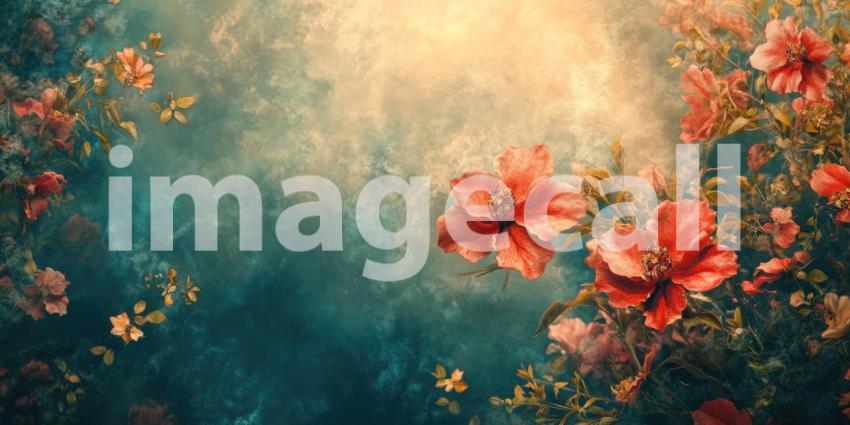 Vintage Floral Painting with Red Flowers, Soft Light, and Textured Background
