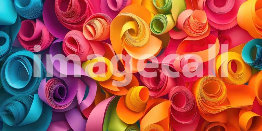 Colorful Rolled Paper Art with Vibrant Swirls and Textures