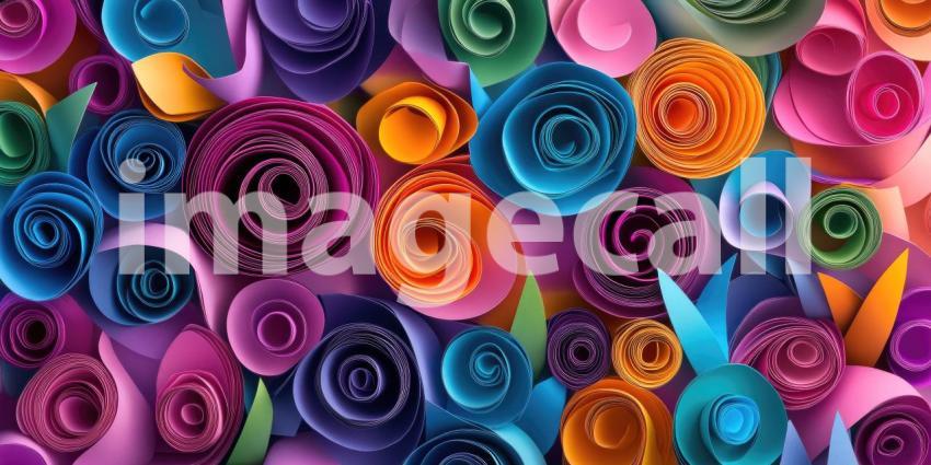 Colorful Rolled Paper Art with Vibrant Swirls and Textures