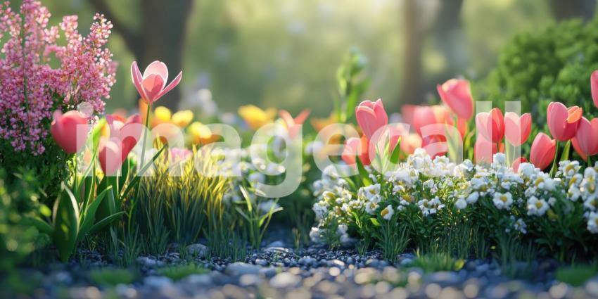 Sunlit Garden with Blooming Tulips and Wildflowers, Peaceful Spring Scene