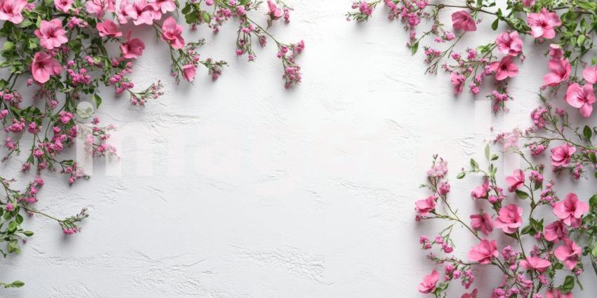 Pink Flowers and Delicate Green Sprigs Frame a Textured White Background