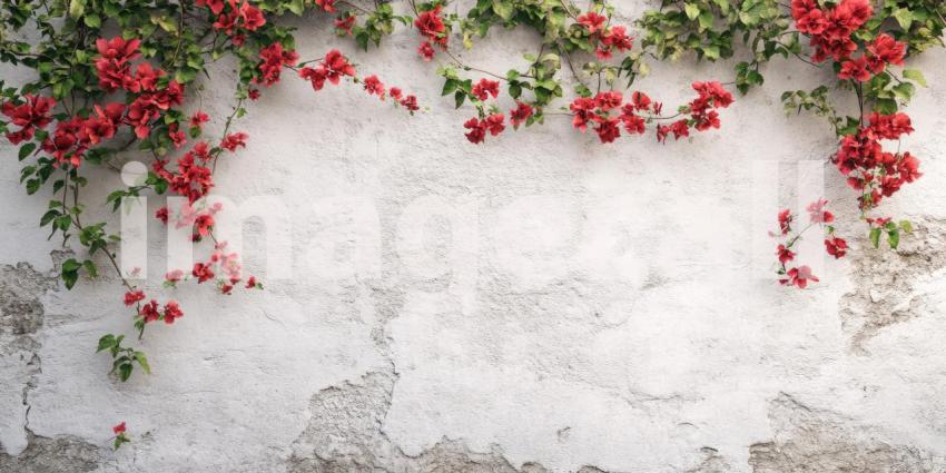 Pink Flowers and Delicate Green Sprigs Frame a Textured White Background