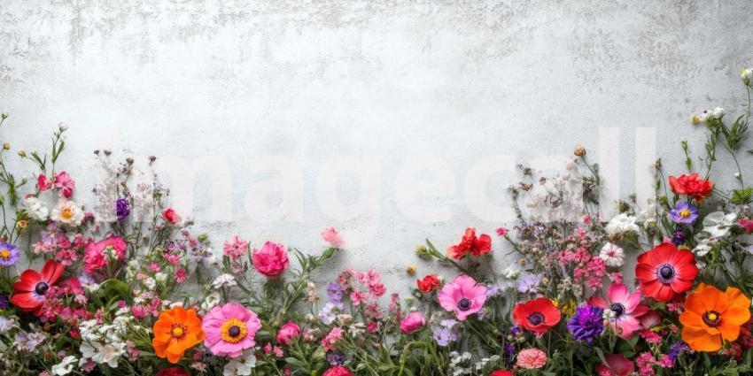 Pink Flowers and Delicate Green Sprigs Frame a Textured White Background