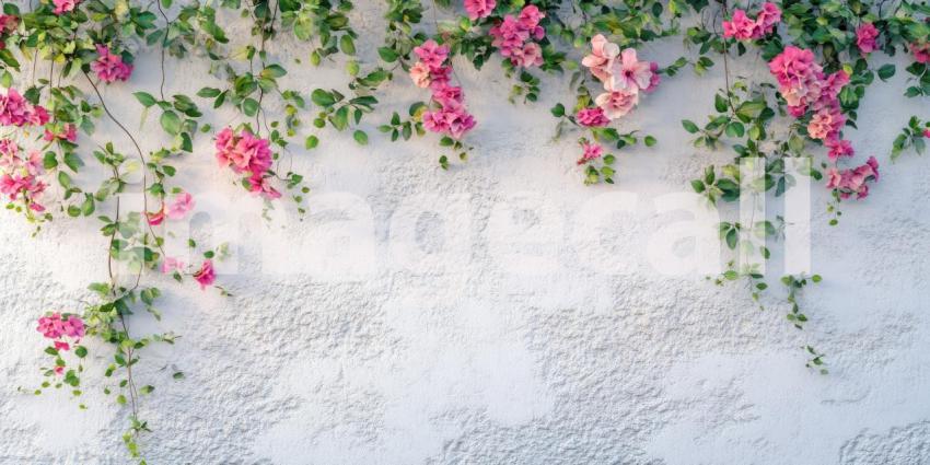 Pink Flowers and Delicate Green Sprigs Frame a Textured White Background