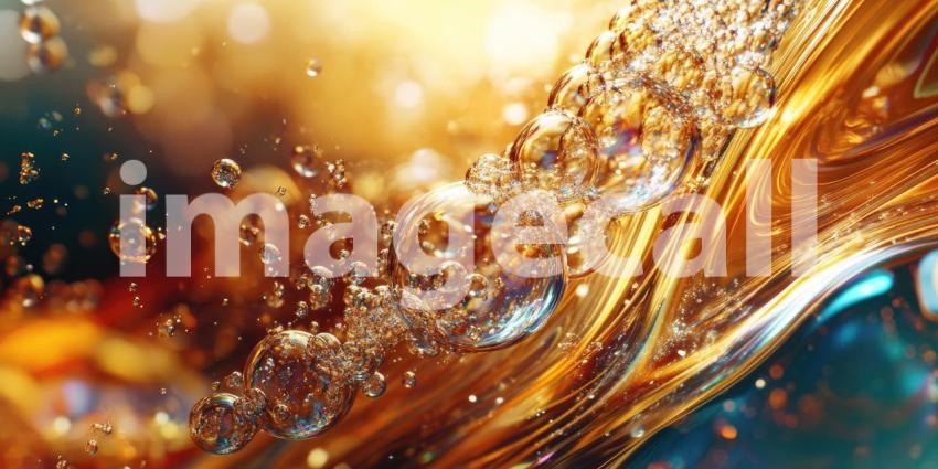 Golden Fluid Texture with Bubbles and Swirls, Abstract Macro Photography
