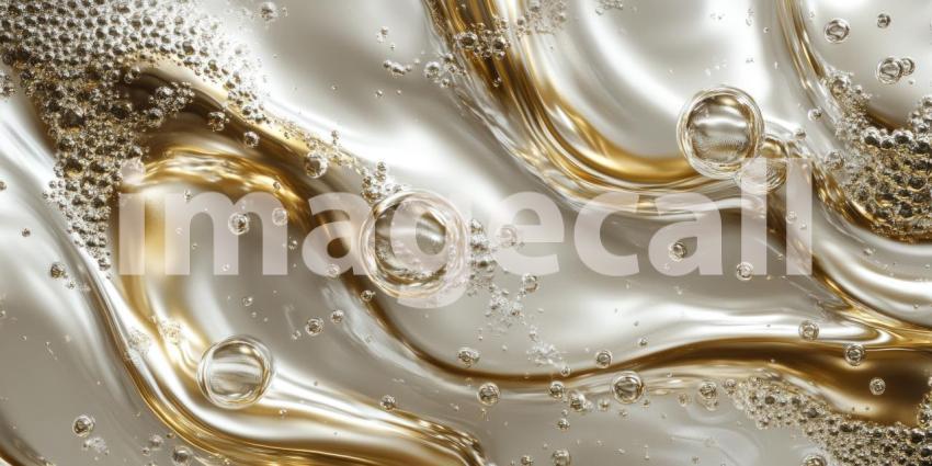 Golden Fluid Texture with Bubbles and Swirls, Abstract Macro Photography