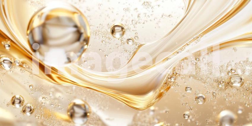 Golden Fluid Texture with Bubbles and Swirls, Abstract Macro Photography
