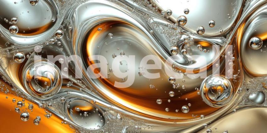 Golden Fluid Texture with Bubbles and Swirls, Abstract Macro Photography