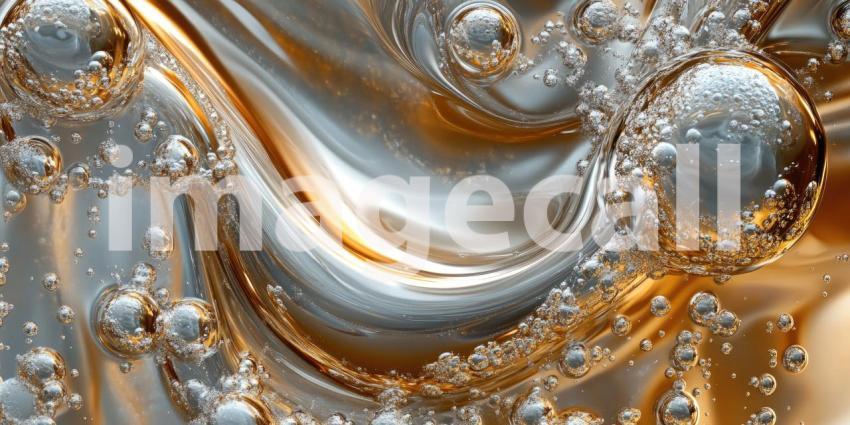 Golden Fluid Texture with Bubbles and Swirls, Abstract Macro Photography