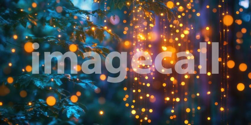 Enchanted Forest Path Illuminated by Rainbow Lights, Magical Nighttime Scene