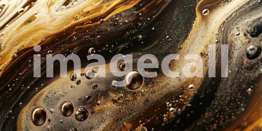Golden Fluid Texture with Bubbles and Swirls, Abstract Macro Photography