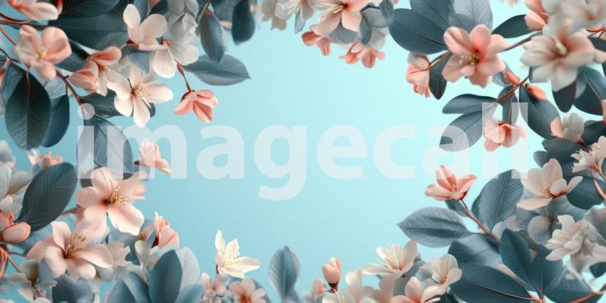 Tropical Leaves and Pink Flowers Frame a Soft Beige Background