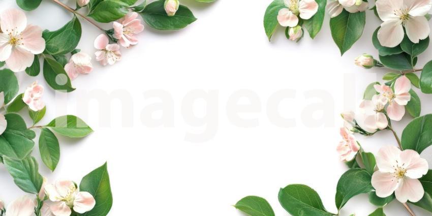 Tropical Leaves and Pink Flowers Frame a Soft Beige Background