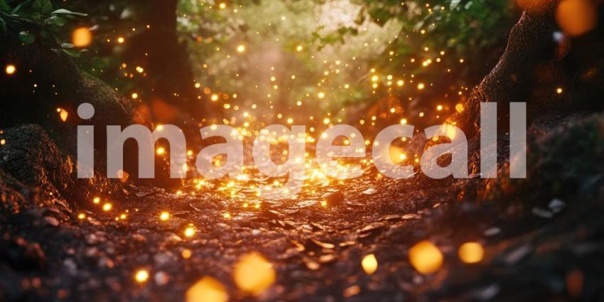 Enchanted Forest Path Illuminated by Rainbow Lights, Magical Nighttime Scene