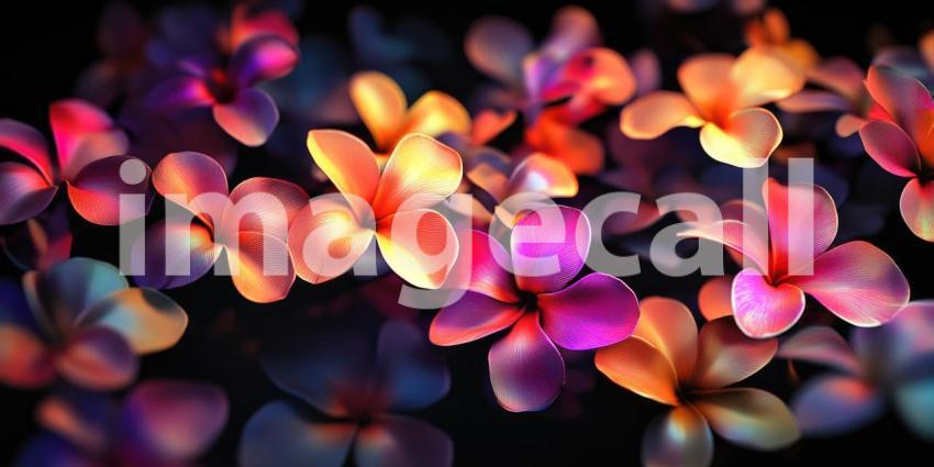 Luminous Frangipani Flowers in a Spectrum of Glowing Hues Against a Dark Background