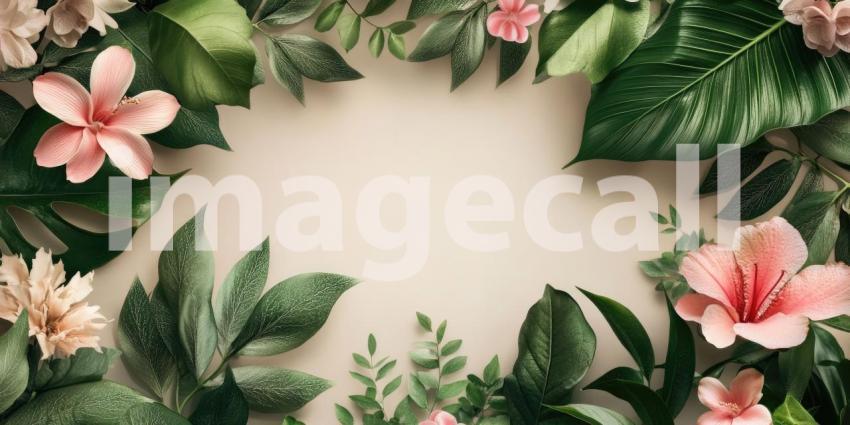 Tropical Leaves and Pink Flowers Frame a Soft Beige Background
