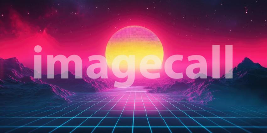 Surreal Sunset over Tropical Sea, Vibrant Pink Sky, Palm Trees, Dreamy Landscape, Retro Aesthetic, Fantasy Beach, Glowing Sun, Starry Night