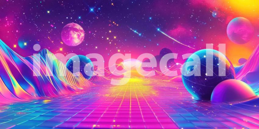 Surreal Sunset over Tropical Sea, Vibrant Pink Sky, Palm Trees, Dreamy Landscape, Retro Aesthetic, Fantasy Beach, Glowing Sun, Starry Night