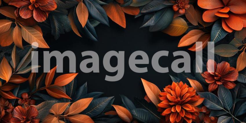 Tropical Leaves and Pink Flowers Frame a Soft Beige Background