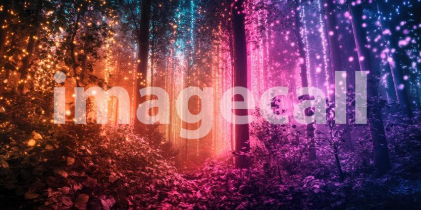 Enchanted Forest Path Illuminated by Rainbow Lights, Magical Nighttime Scene