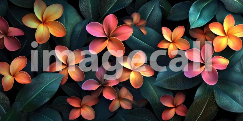 Luminous Frangipani Flowers in a Spectrum of Glowing Hues Against a Dark Background