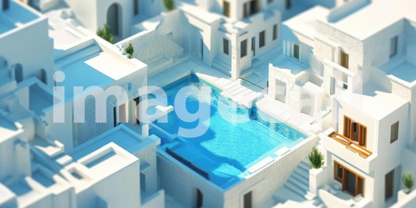 Rooftop Pool with Azure Water in a White-Washed Mediterranean Setting, Aerial View