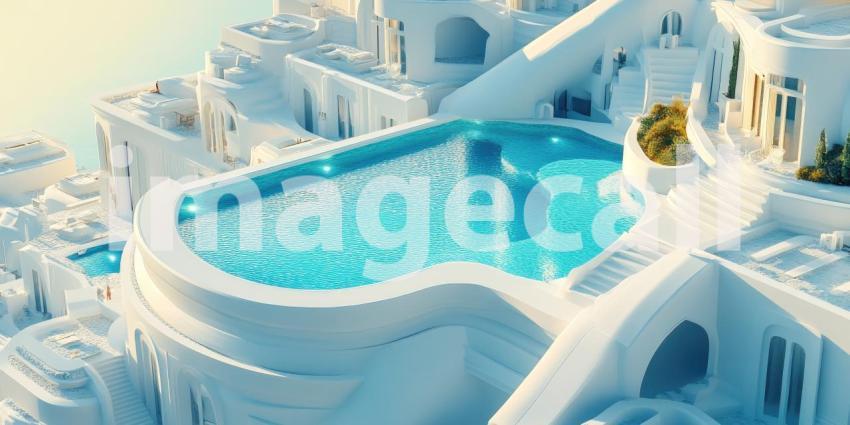 Rooftop Pool with Azure Water in a White-Washed Mediterranean Setting, Aerial View