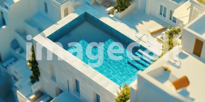 Rooftop Pool with Azure Water in a White-Washed Mediterranean Setting, Aerial View