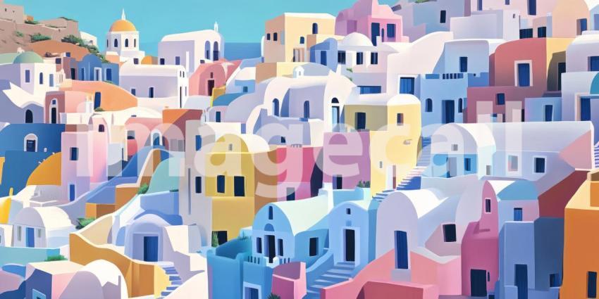 Colorful Buildings Clustered on a Hillside in Santorini, Greece with Textures and Shadows