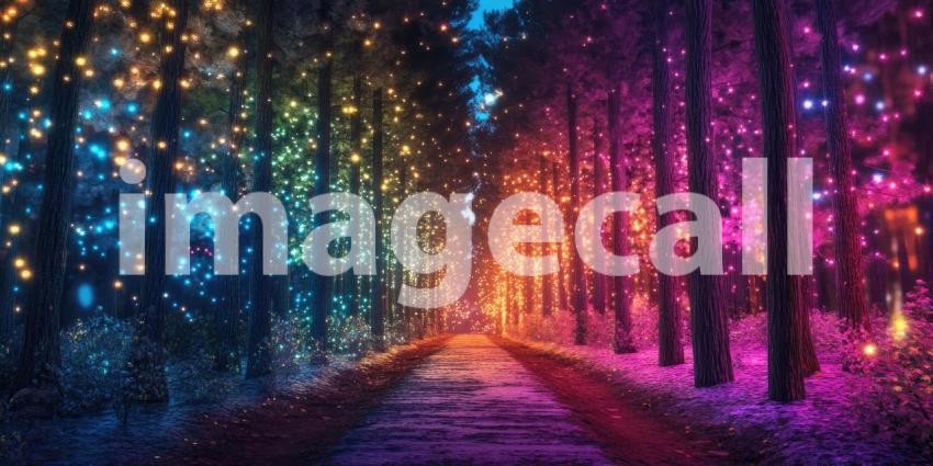 Enchanted Forest Path Illuminated by Rainbow Lights, Magical Nighttime Scene