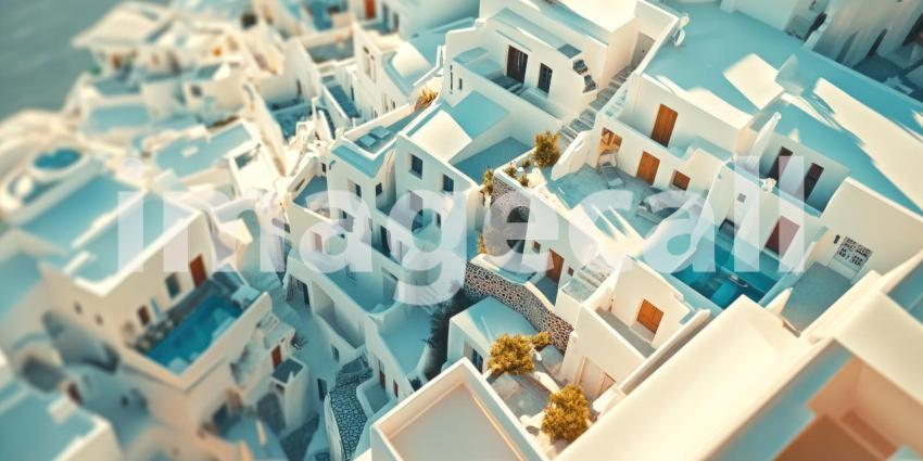 Colorful Buildings Clustered on a Hillside in Santorini, Greece with Textures and Shadows