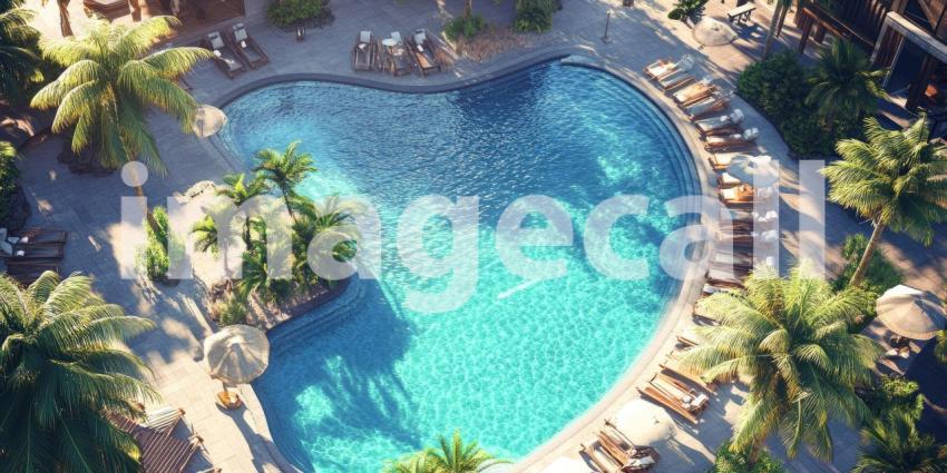Heart-Shaped Swimming Pool Surrounded by Palm Trees and Lounge Chairs, Tropical Resort View