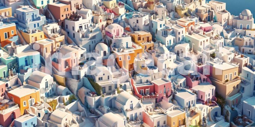 Colorful Buildings Clustered on a Hillside in Santorini, Greece with Textures and Shadows