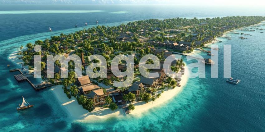 Aerial View of a Tropical Island Resort with Lush Vegetation and Turquoise Waters